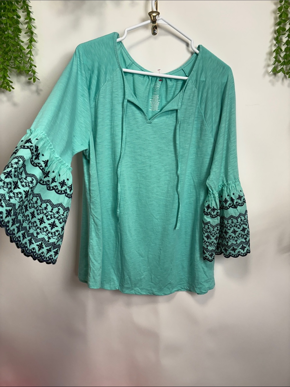St. John's Bay Aqua Tunic with Black Embroidered Bell Sleeves